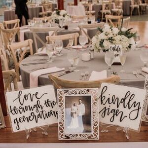 Wedding Decor - Numbered Acrylic Table Signs and White Decorative Photo Frames